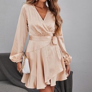 Cream Satin Ruffle Lantern Sleeve Mini Dress